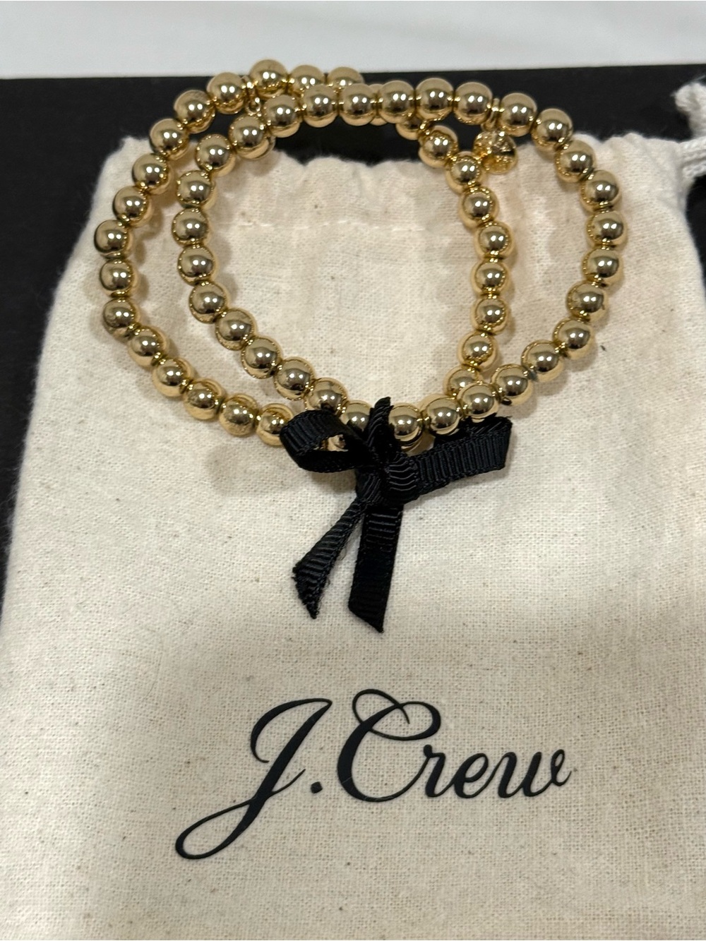 J. Crew Gold Beaded Double Bracelet with removable Black Bow Set of 2